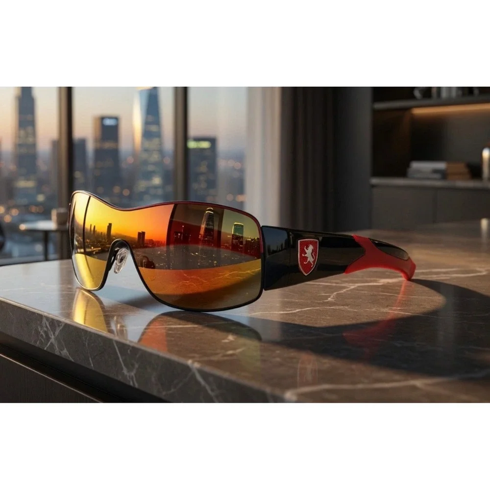 Mens Sport Wrap Sunglasses Black‎ Red Shield Red Mirror Lens Fashion Performance